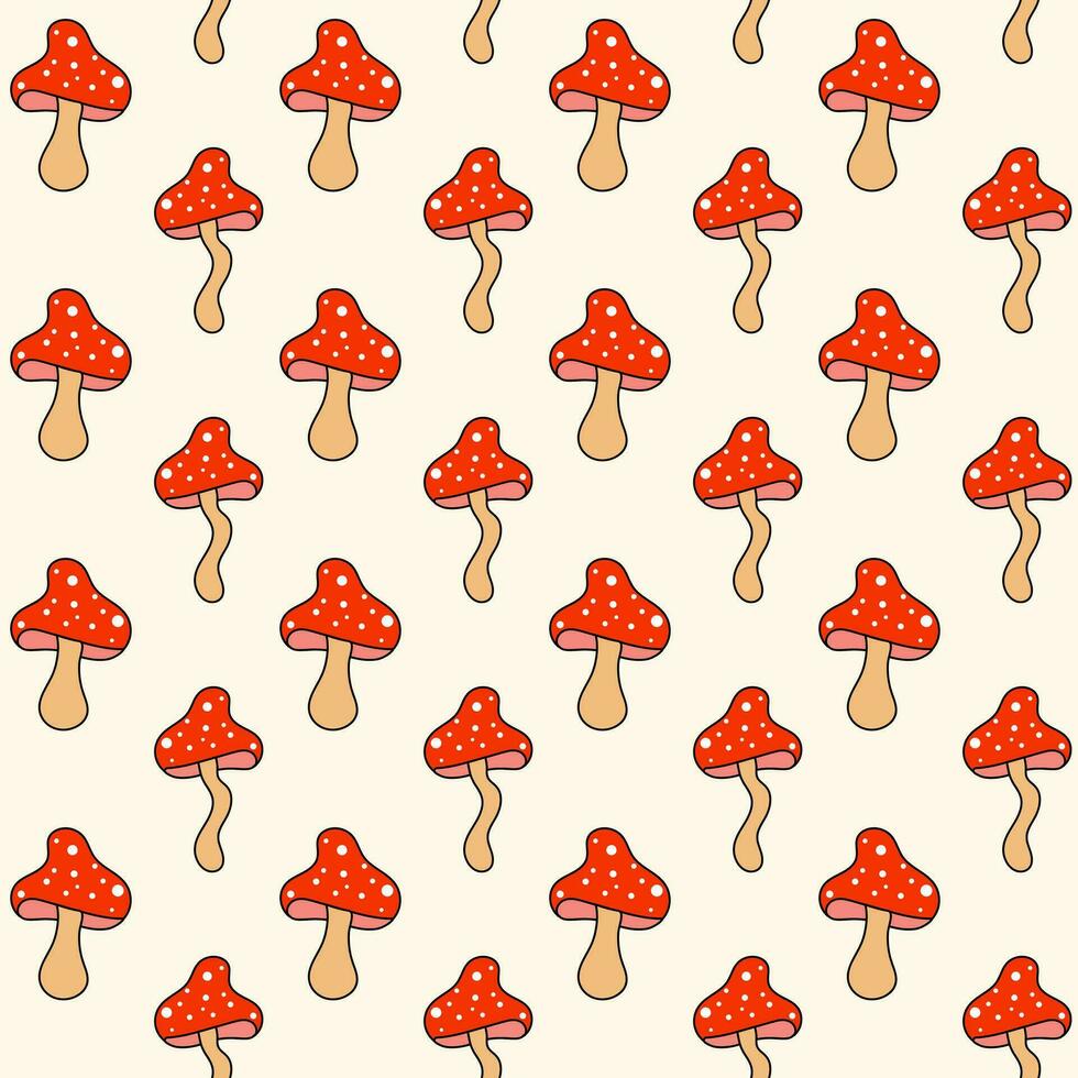 Retro 70s 60s 80s Hippie Groovy mushrooms fly agarics seamless pattern. Vector illustration. Boho style background.