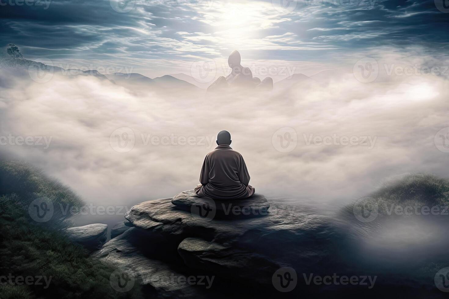 Serene Meditation - Buddhist Monk on Mountain Peak - photo