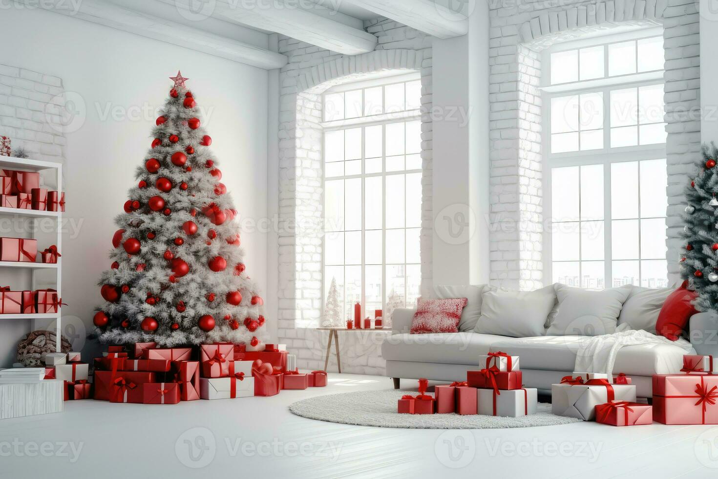 Festive Christmas Tree and Gift Boxes in Modern Apartment - Generative AI photo