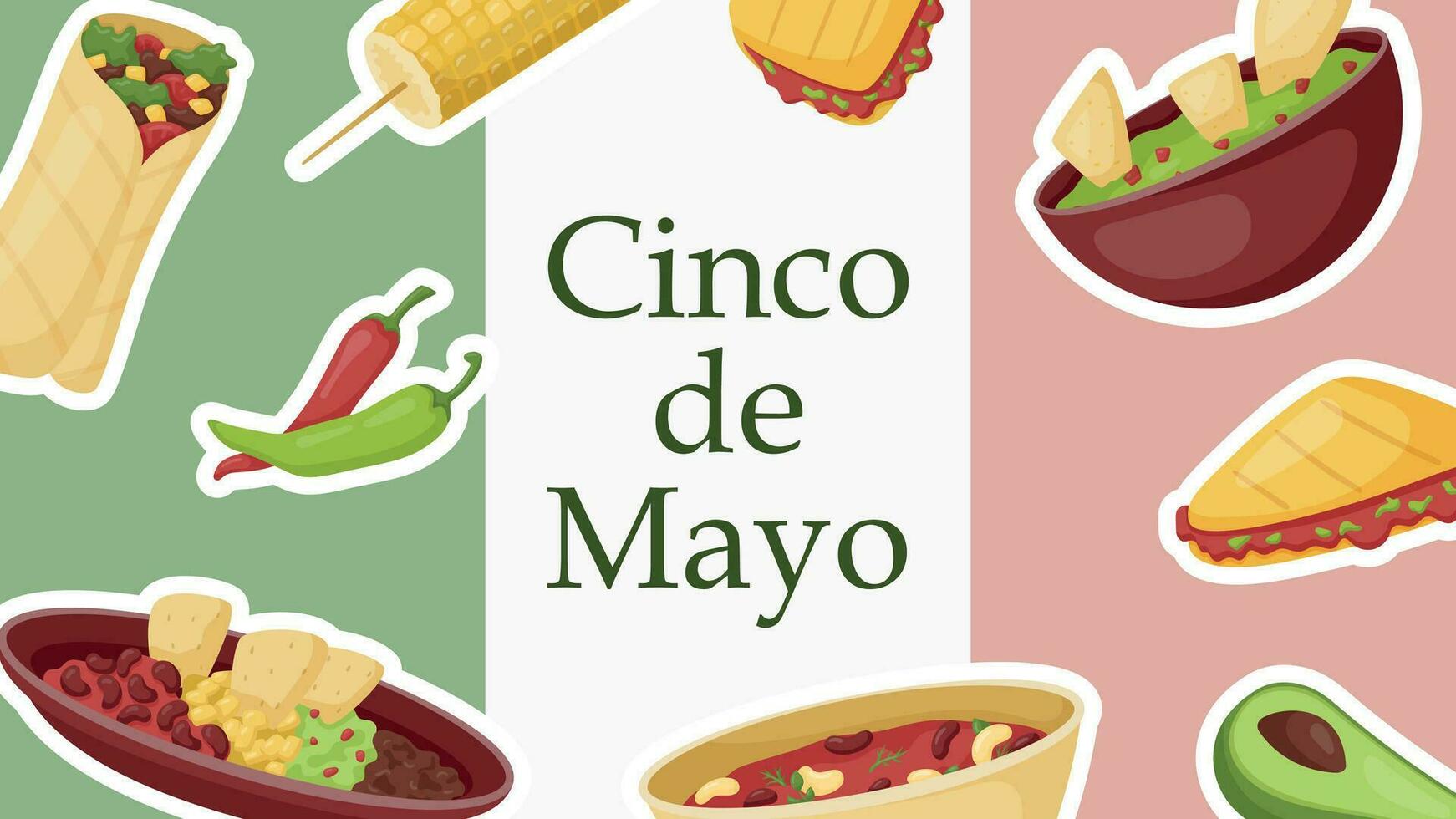 nacional Español fiesta cinco Delaware mayonesa. tradicional mexicano alimento, burritos, quesadillas y nachos, picante salsas con carne de vaca y vegetales. vector dibujos animados bandera.