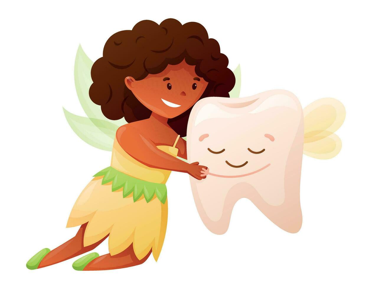 Funny magical character Tooth Fairy with wings. Princess girl hugging a milk baby tooth. Vector cartoon isolated illustration.