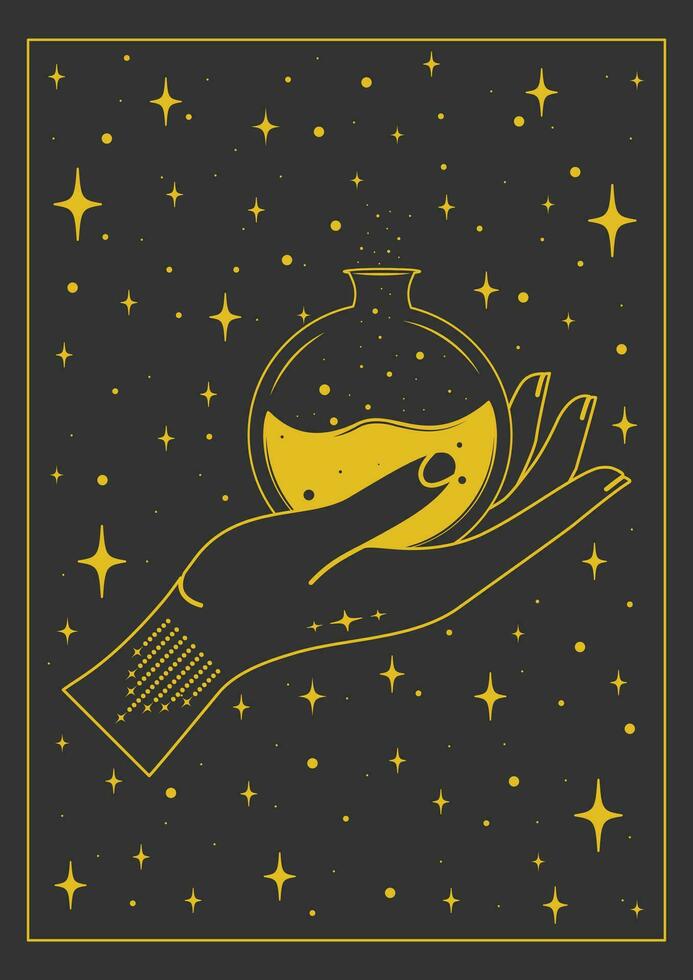 Witch hand holding potion bottle magic Halloween illustration vector