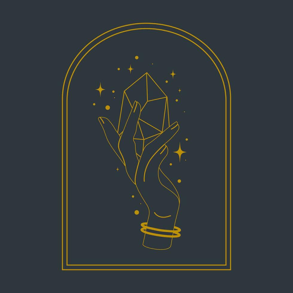 Mystic hand holding crystal vector illustration.