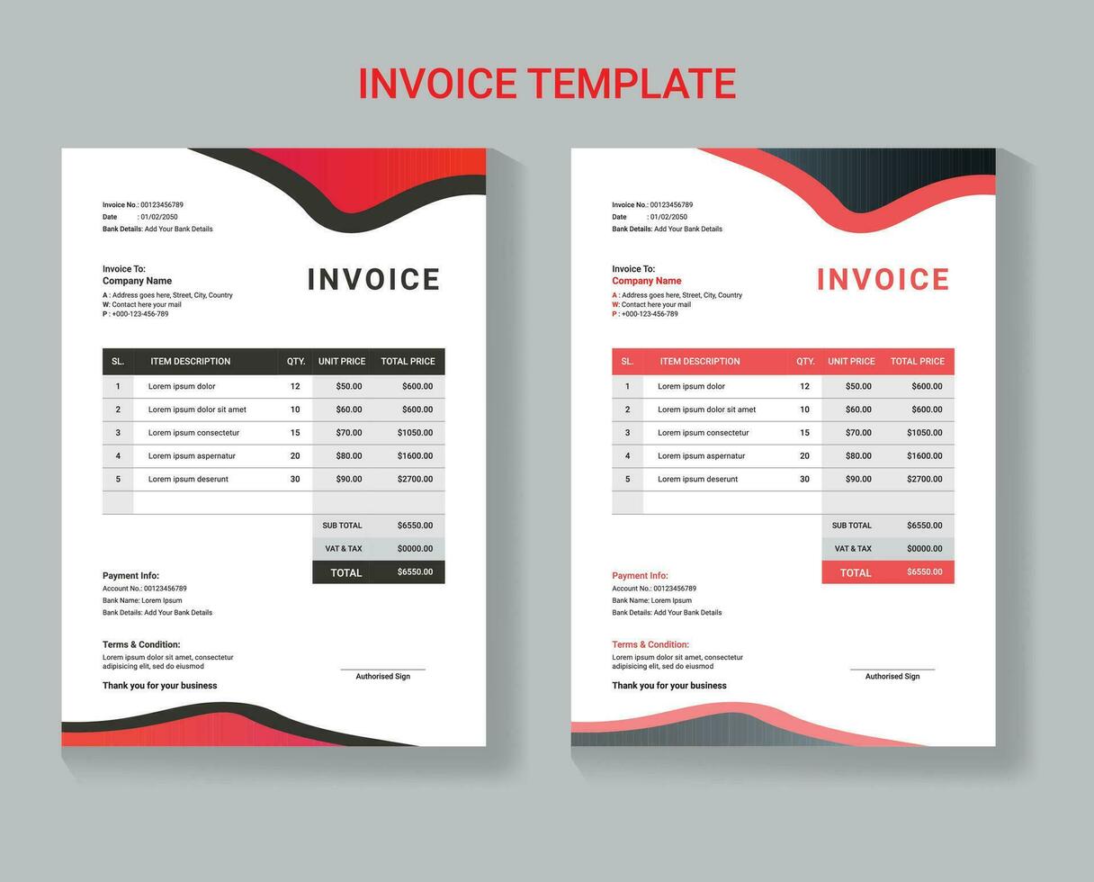 Vector clean invoice template, invoice design, Clean invoice vector template design, Corporate invoice design,