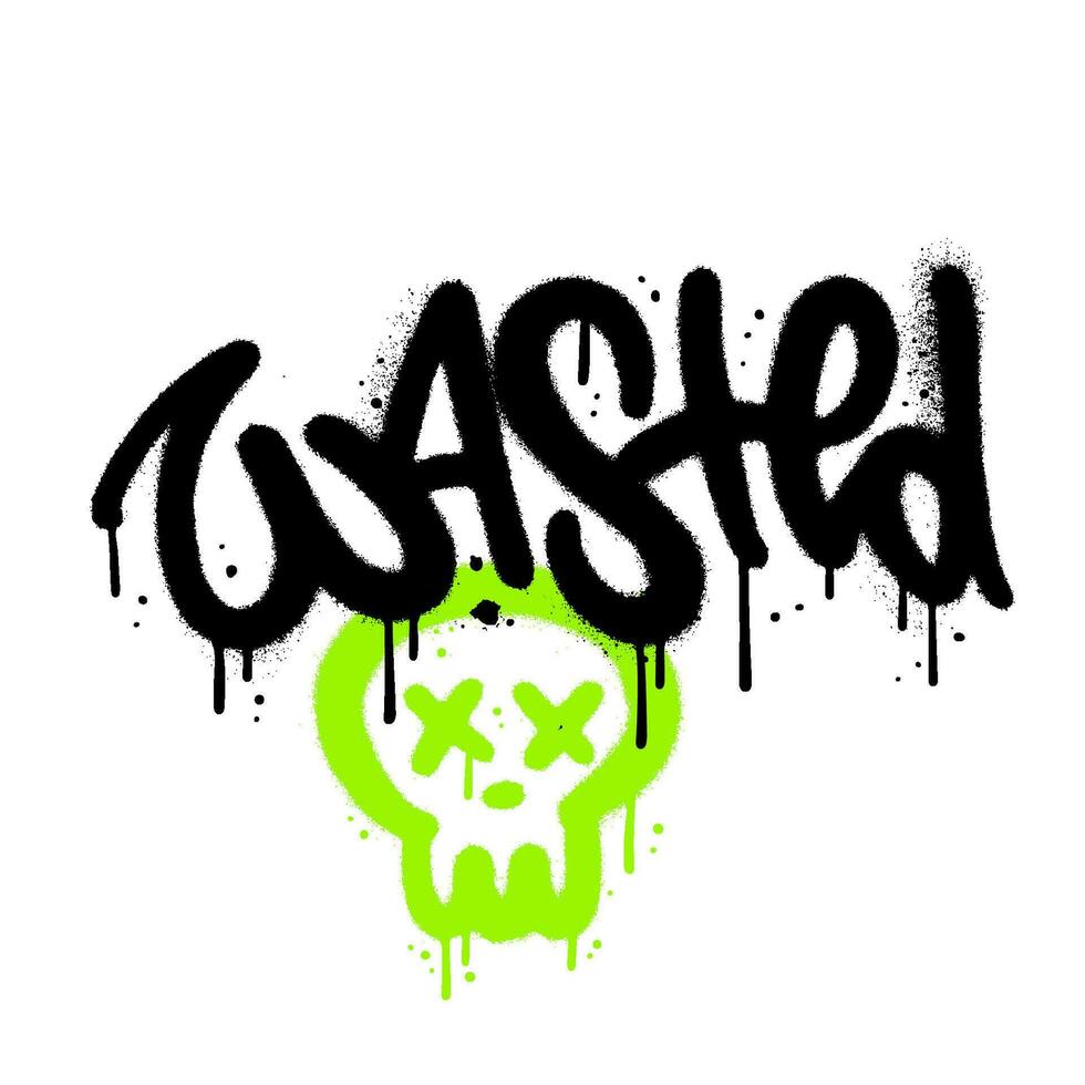 Wasted text in urban graffiti spraypaint style. Textured vector lettering illustration with dead eyes skull.