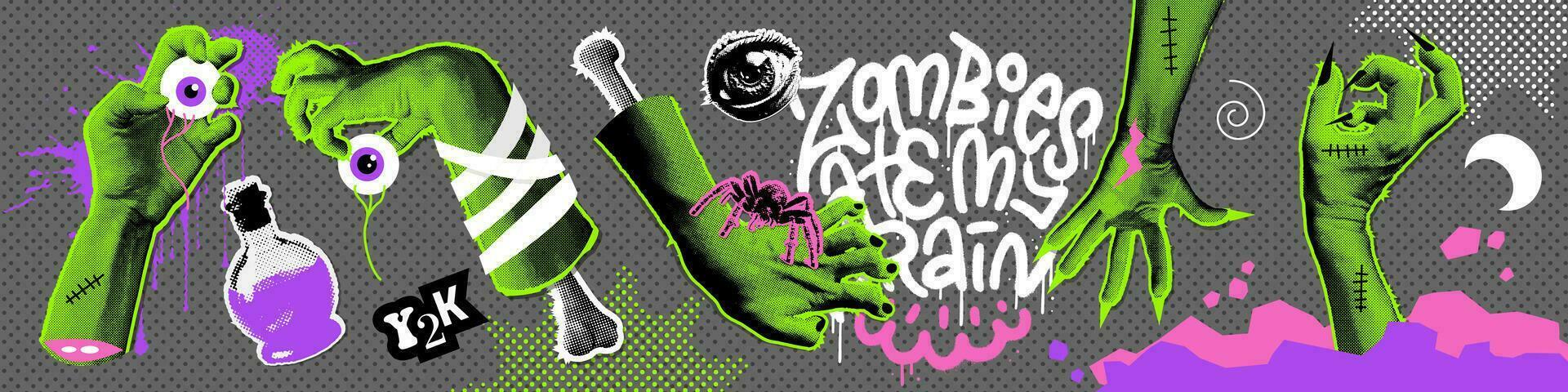 Trendy y2k set of halftone zombie hands. Routh grunge Vector illustration with curve monster hands for Retro Halloween celebration. Collection of cut out paper collage elements with graffiti lettering