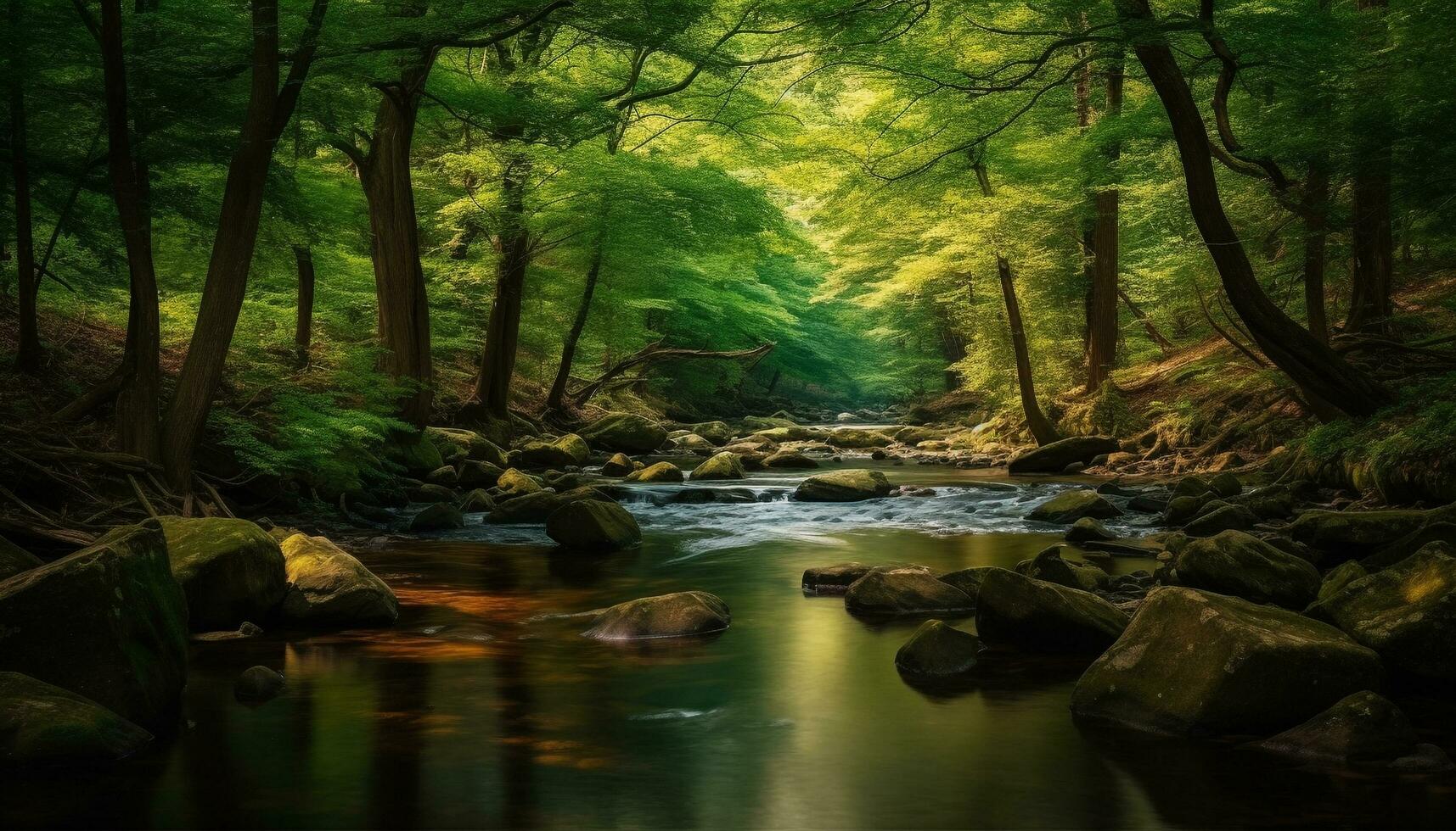 Tranquil scene of flowing water in a lush green forest generated by AI