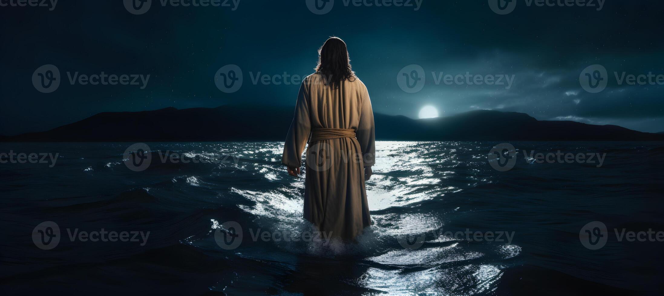 Jesus Christ walking on water at fantastic night. photo