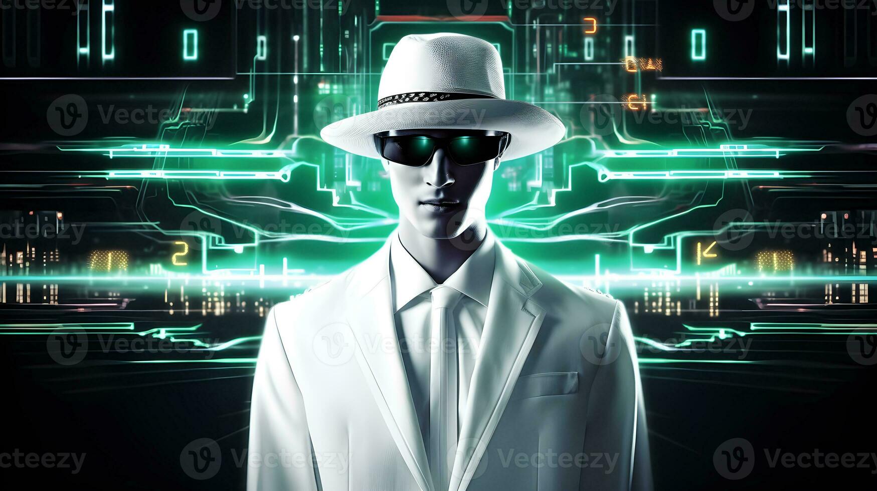Hacker with white hat. Concept of ethical hacking, dark web, cybercrime, cyberattack photo