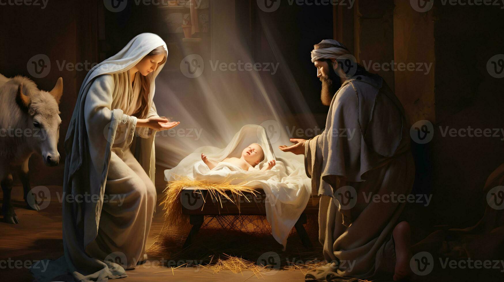 María, Joseph y el bebé Jesús, hijo de dios, Navidad historia, Navidad noche foto