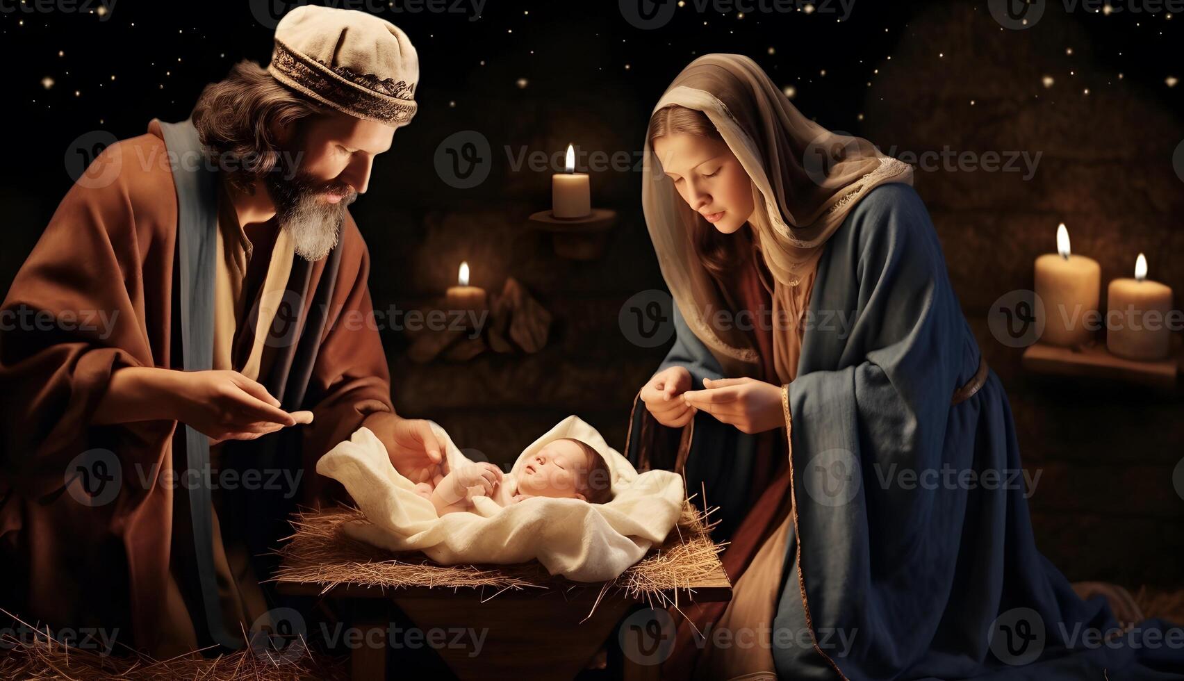 María, Joseph y el bebé Jesús, hijo de dios, Navidad historia, Navidad noche foto