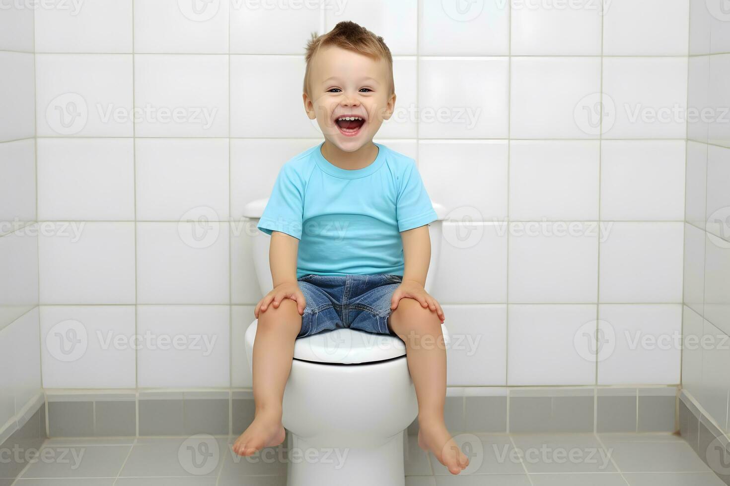 Excited kid sitting on toilet. Normal bowel habit concept. 27927041