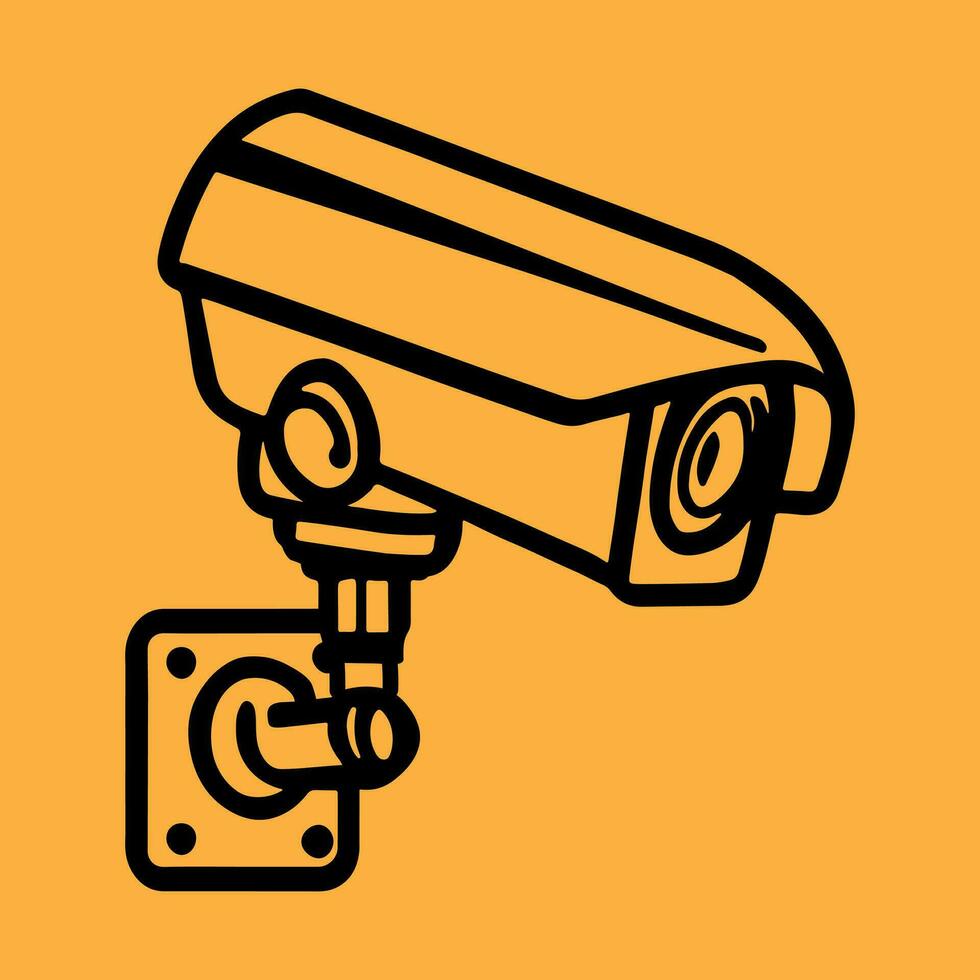 Security camera. CCTV surveillance system. Monitoring, guard equipment, burglary or robbery prevention. Vector illustration isolated on yellow background.