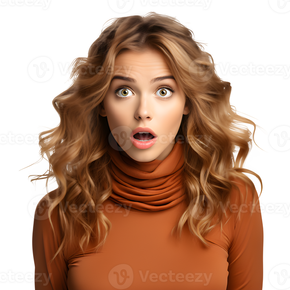 Half body portrait of a woman with shocked expression isolated on transparent background,man with shocked expression ,generative ai png