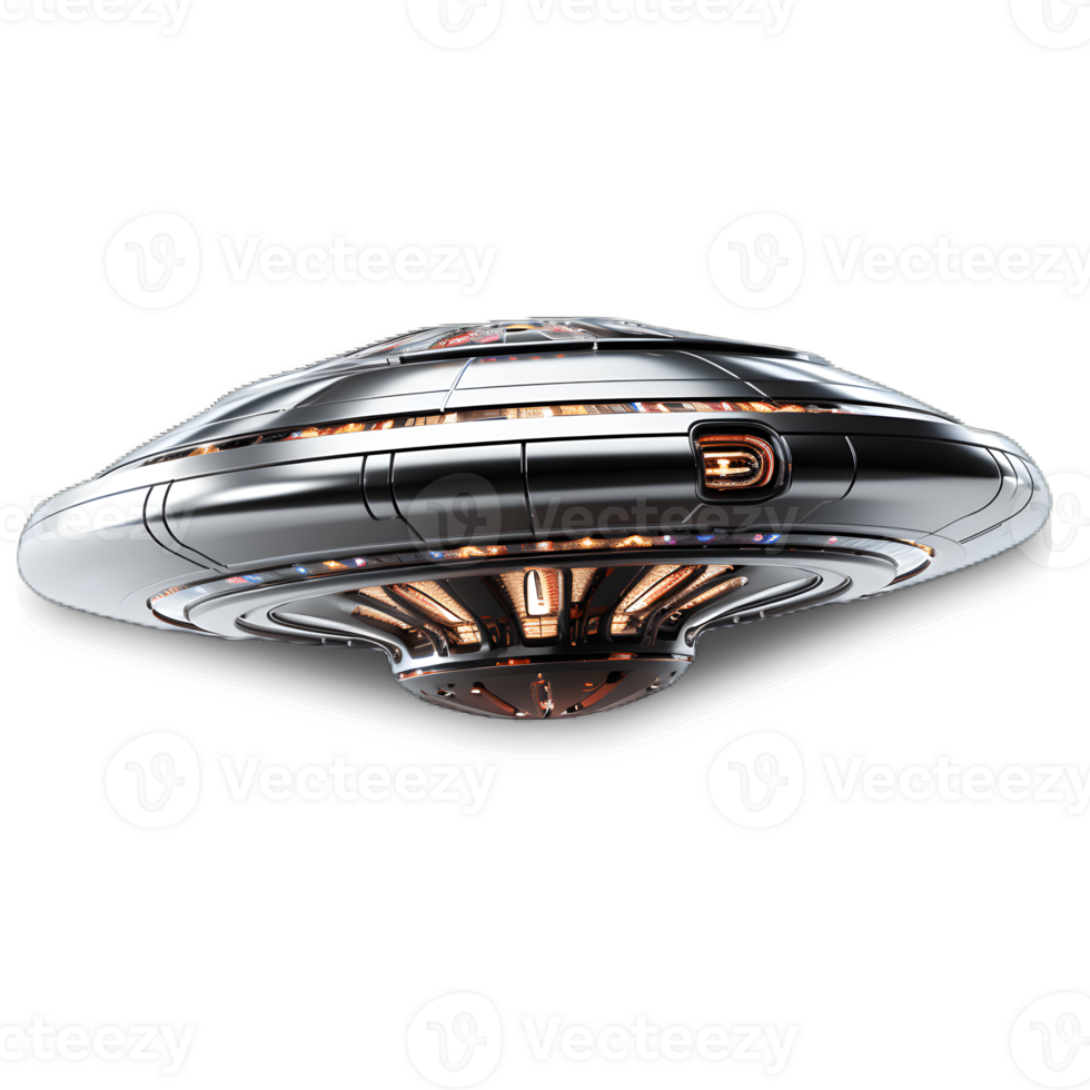 metallic silver flying saucer isolated on transparent background ,futuristic ufo spaceship png ,generative ai