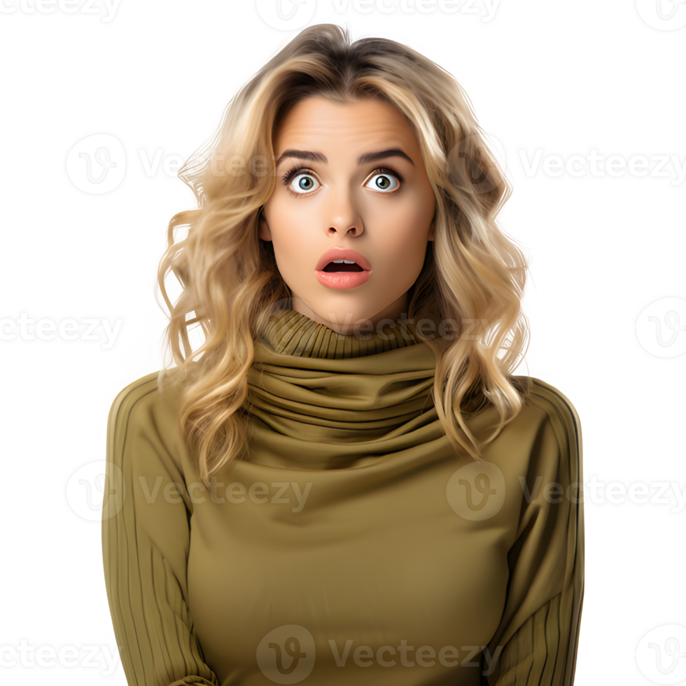 Half body portrait of a woman with shocked expression isolated on transparent background,man with shocked expression ,generative ai png