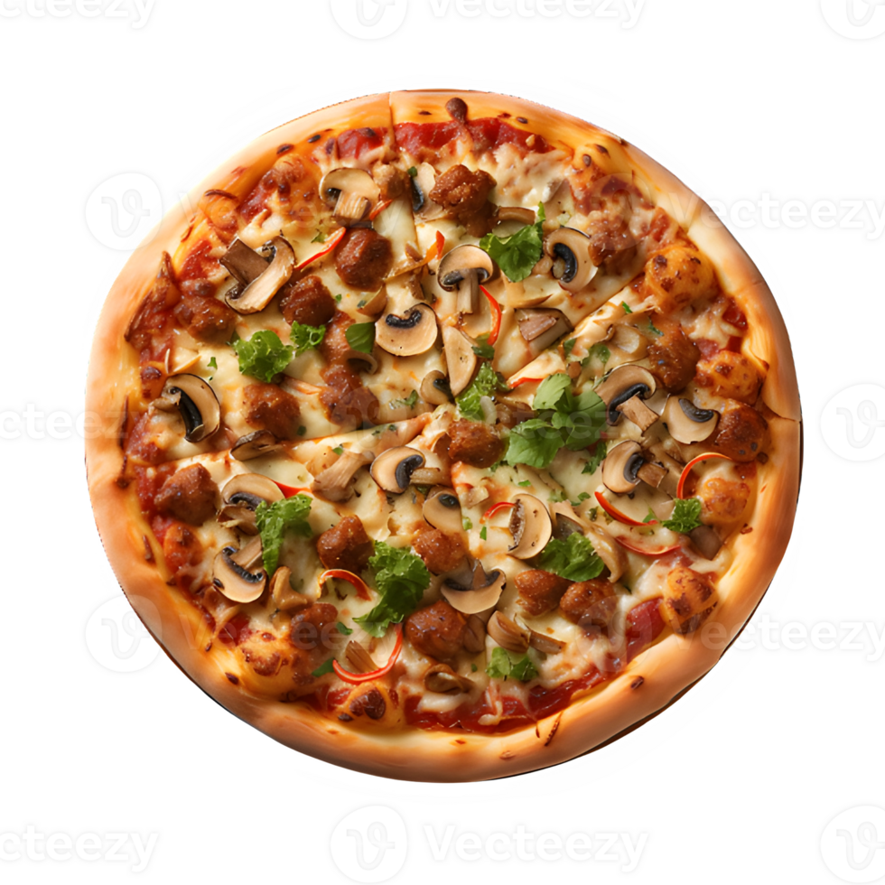 round pizza isolated on transparent background ,italian pizza with mushroom toppings ,generative ai png