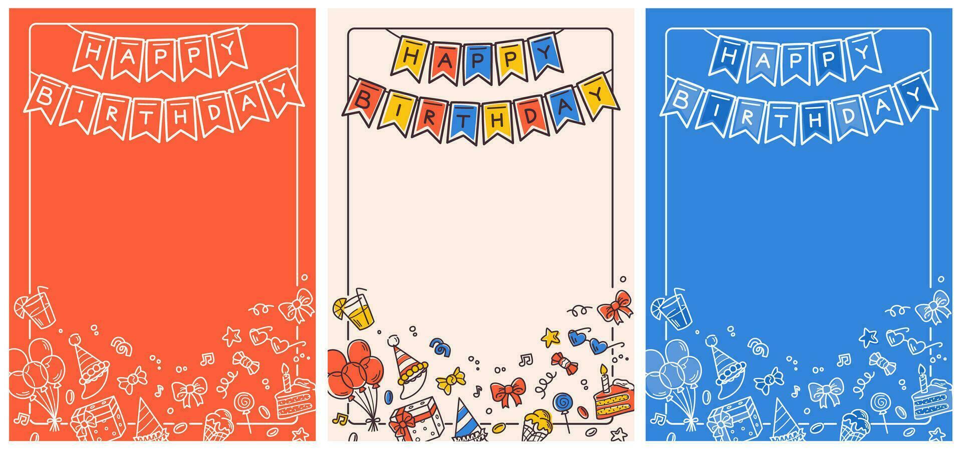 Set of vector birthday cards and posters with doodle elements.