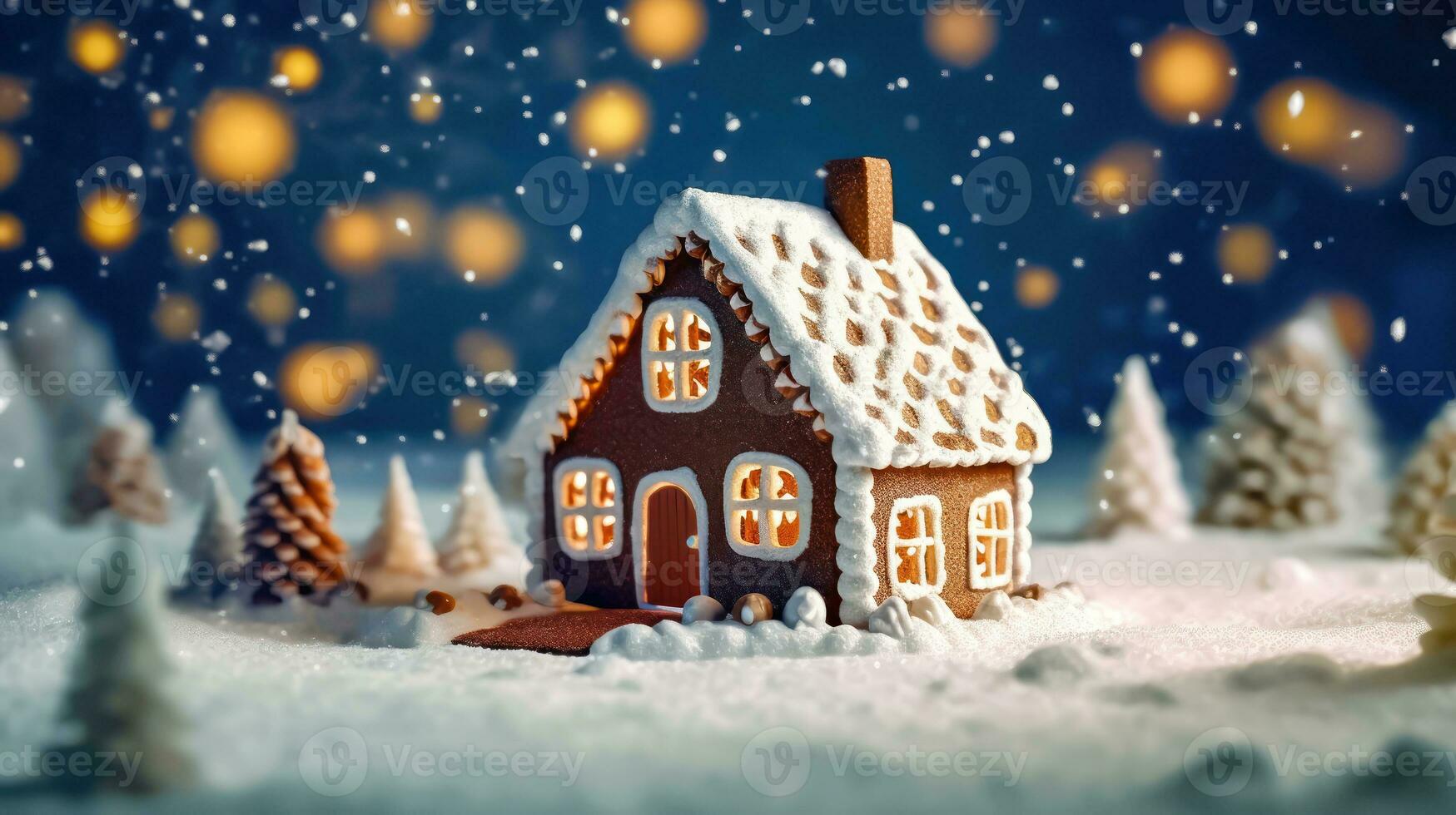 Enchanting Gingerbread House on Festive Winter Background - Generative AI photo