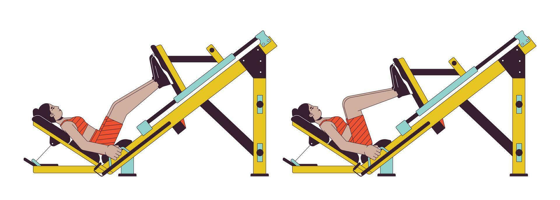 Working out on machine squat press flat line vector spot illustration. Female 2D cartoon outline character on white for web UI design. Leg strengthening routine editable isolated color hero image