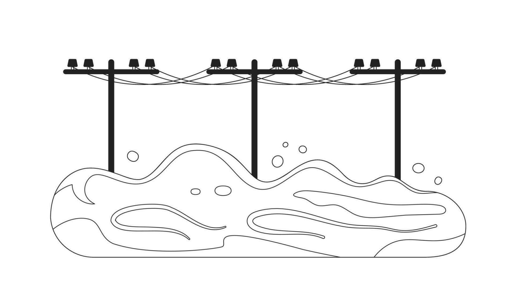 Flooded power lines monochrome flat vector object. Flood. Utility poles Editable black and white thin line icon. Simple cartoon clip art spot illustration for web graphic design