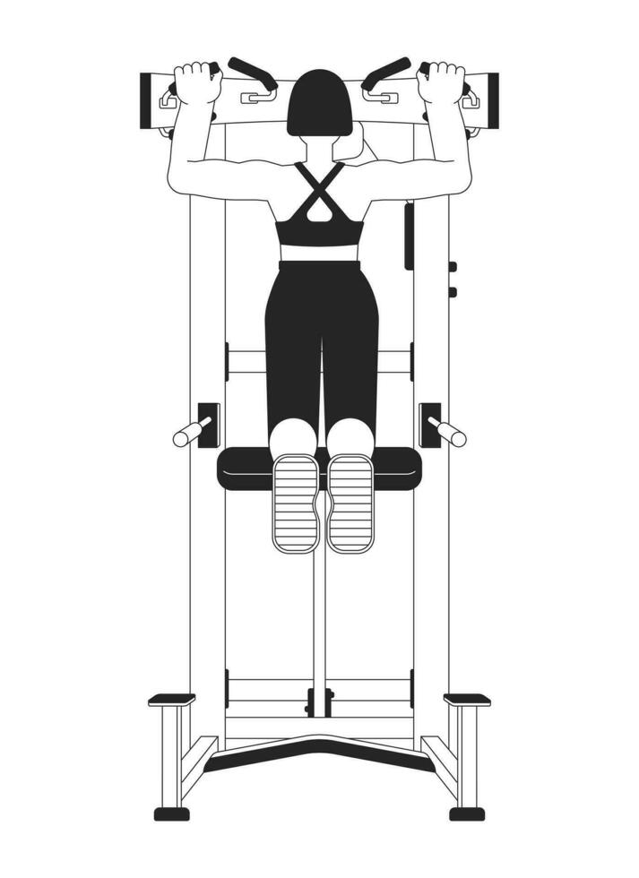 Woman pulling up on pullup machine flat line black white vector character. Editable outline full body person. Building strong upper body simple cartoon isolated spot illustration for web design