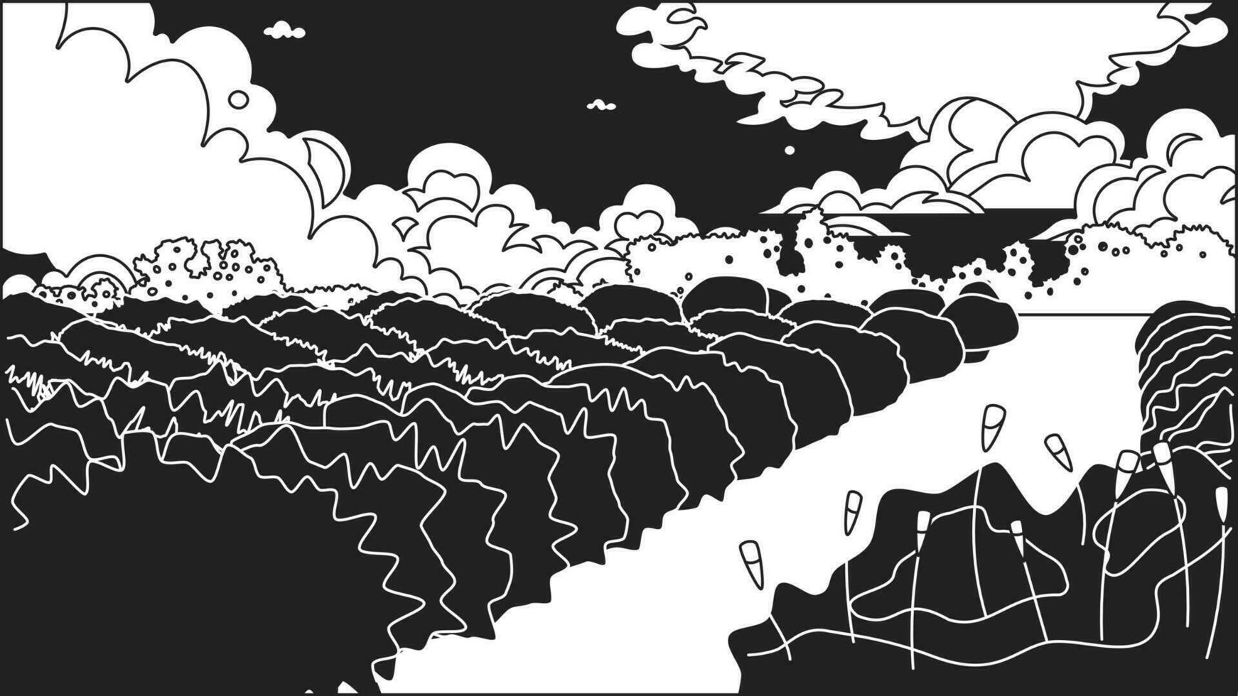 Sunset in the field bw cute kawaii lo fi background. Fluffy clouds. Park monochromatic 2D vector cartoon landscape illustration, lofi aesthetic wallpaper desktop. Linear japanese anime scenery