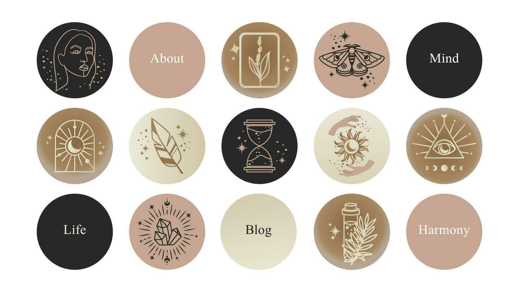 A set of magical icons for highlights blog about mental health, esotericism and magic, numerology and astrology and personality decoding vector