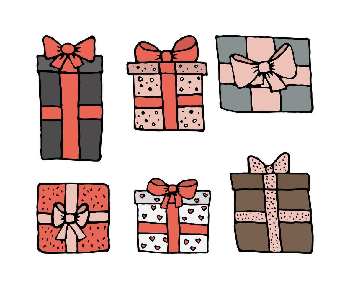 Gift boxes set of linear icons in color. Holiday gift for christmas, birthday or valentine's day vector