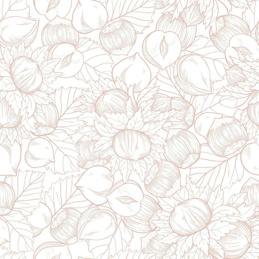 Seamless pattern Hazelnut many fruit nuts and kernels in sketch style. Pale pink background for packing hazelnut or chocolate, nut paste vector