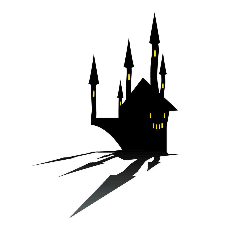 Scary black castle with shadow isolated on white background. Vector illustration for Halloween decorations, haunted house