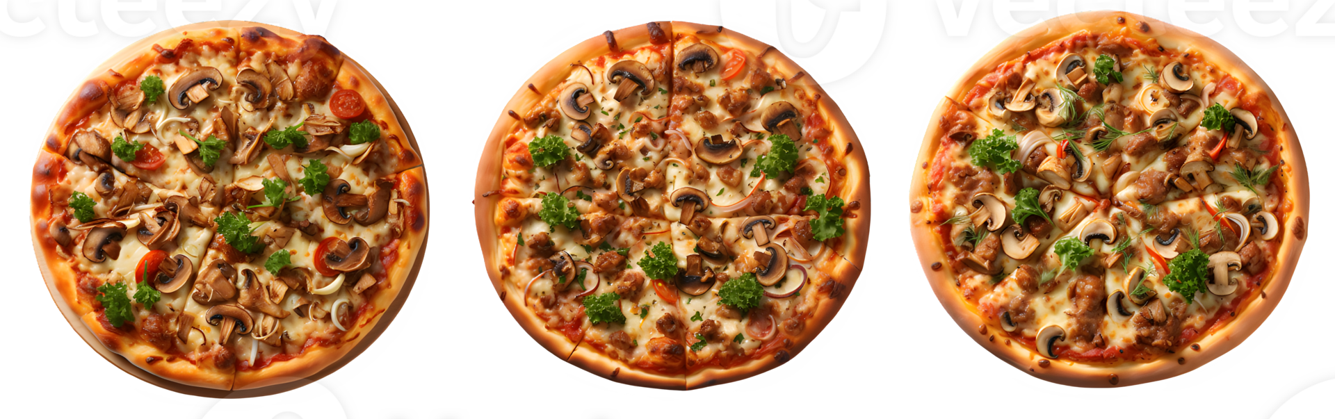 round pizza isolated on transparent background ,italian pizza with mushroom toppings ,generative ai png