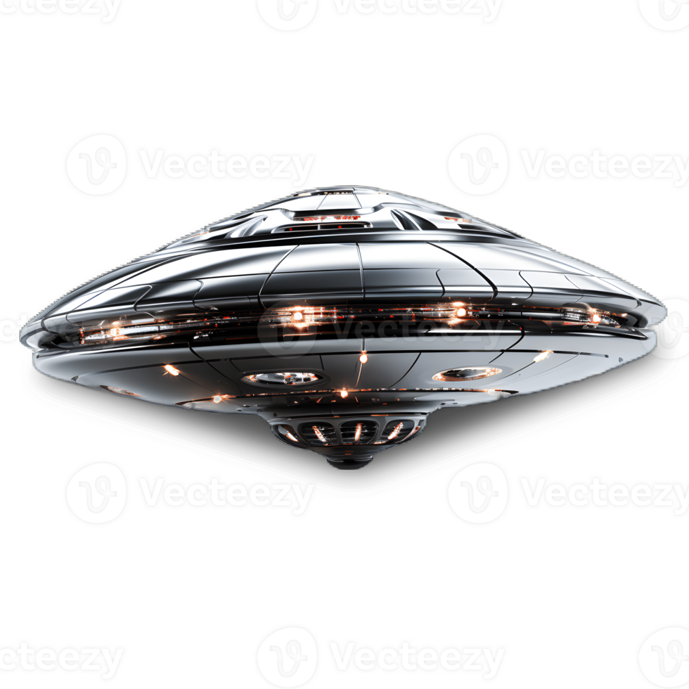 metallic silver flying saucer isolated on transparent background ,futuristic ufo spaceship png ,generative ai