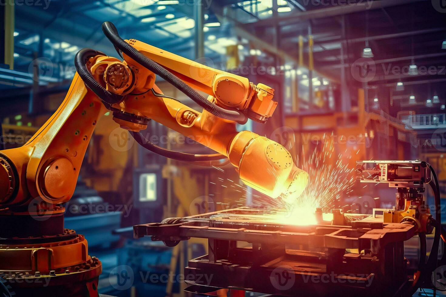Robotic Machine Tool in Action at Industrial Manufacturing Plant - Generative AI photo