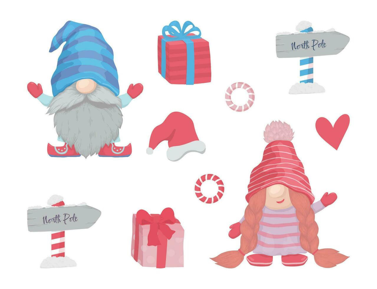 Set of gnomes, pointers to the North Pole, boxes with gifts and a Santa Claus hat. Pink and blue gnomes vector