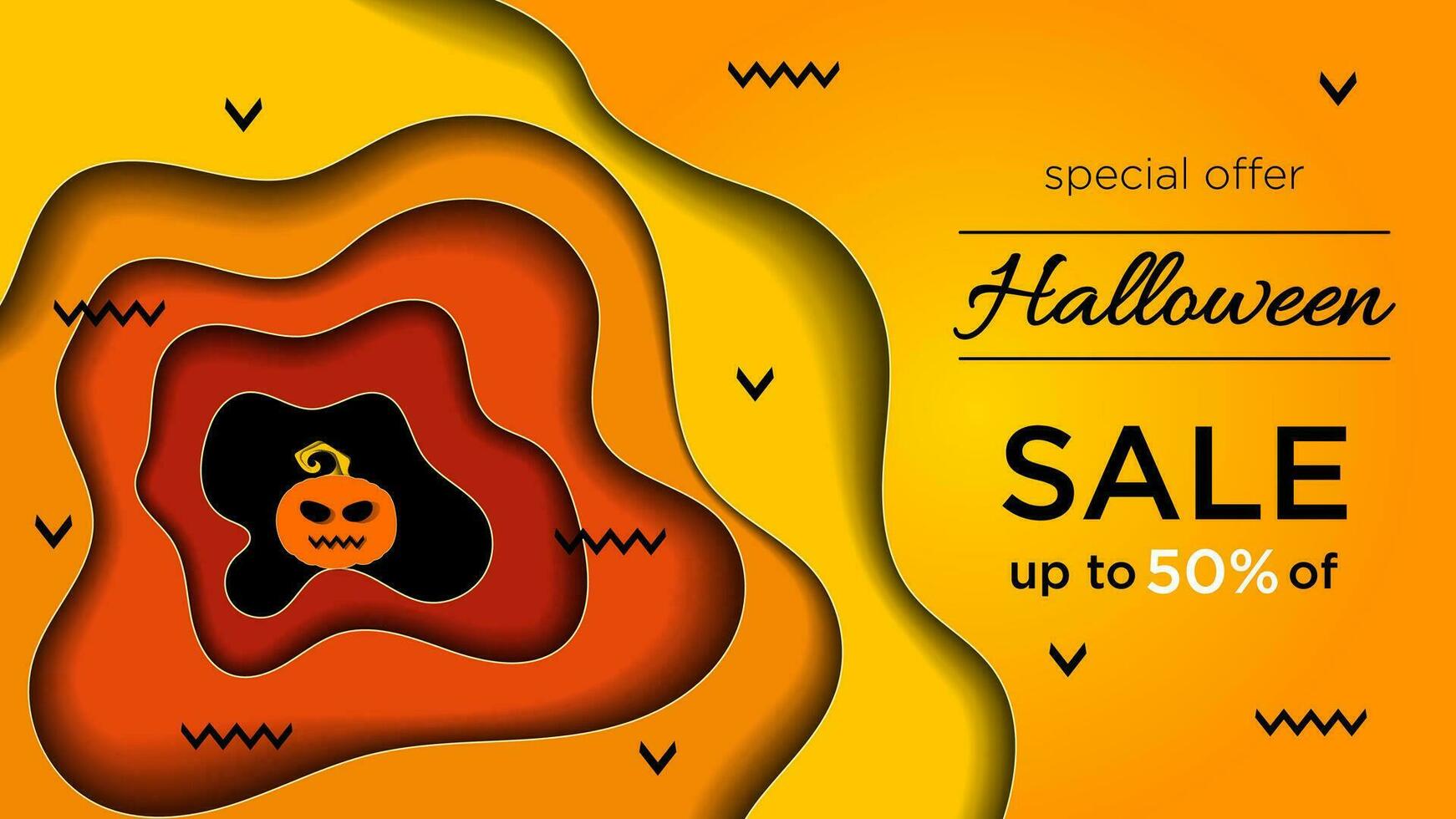 Happy Halloween sale banner or discount background with paper cut effect. Pumpkins in paper cut style. Vector illustration. Special offer saleing on orange gradient background
