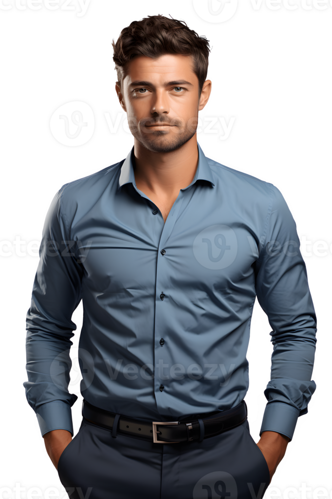half body portrait of a handsome man wearing a blue shirt isolated on transparent background ,businessman realistic photo cut out ,generative ai png