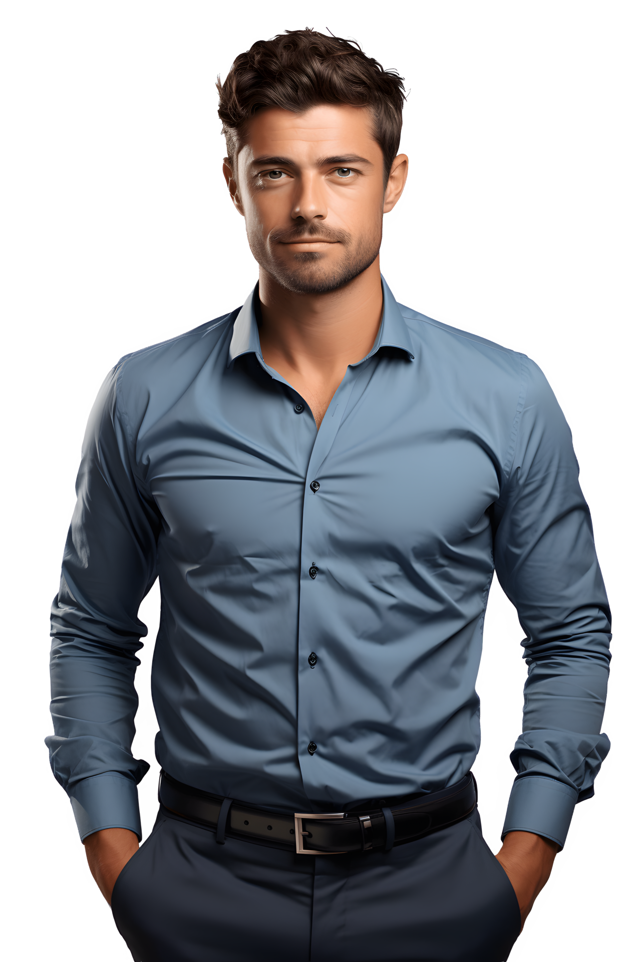 half body portrait of a handsome man wearing a blue shirt isolated