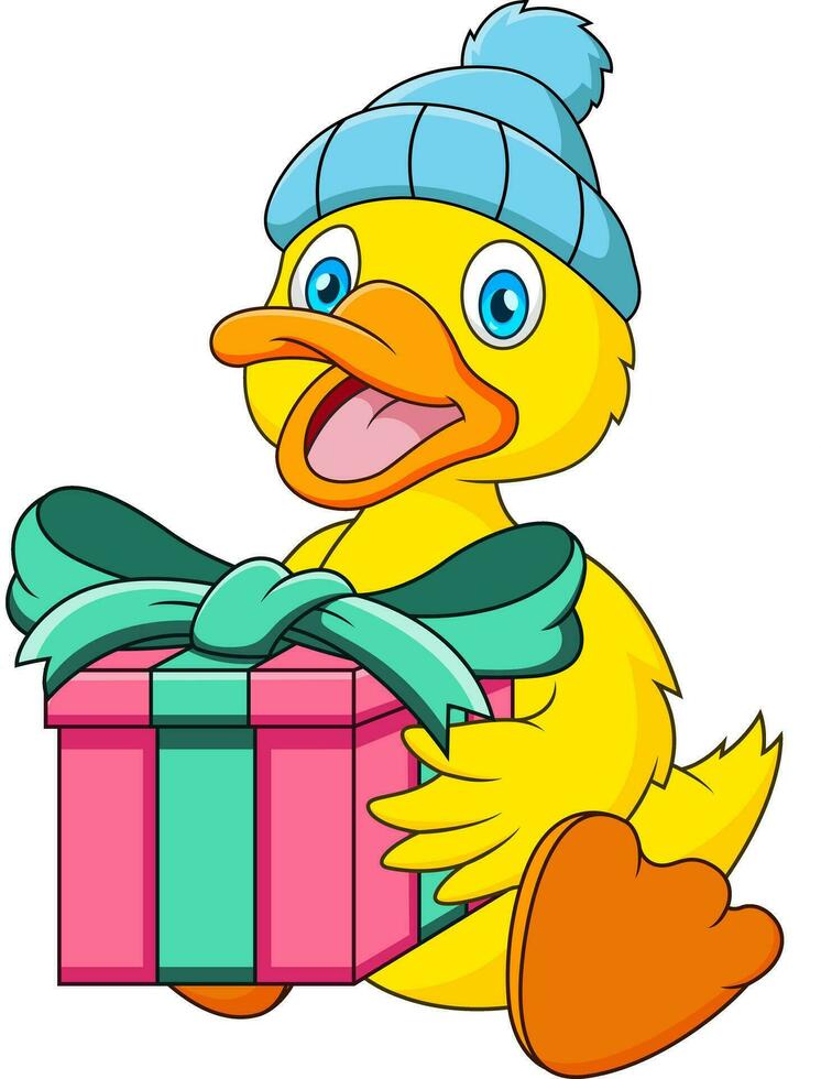 linda bebé Pato mascota dibujos animados es sentado y participación un regalo caja vector
