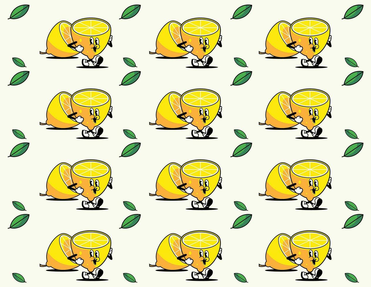 Tropical seamless pattern with cartoon character yellow lemons. Fruit repeated background. Vector bright print for fabric or wallpaper
