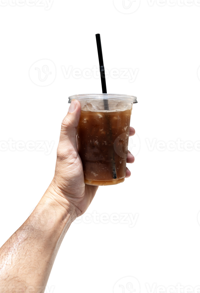 Hand hold plastic mug with cola soft drink png