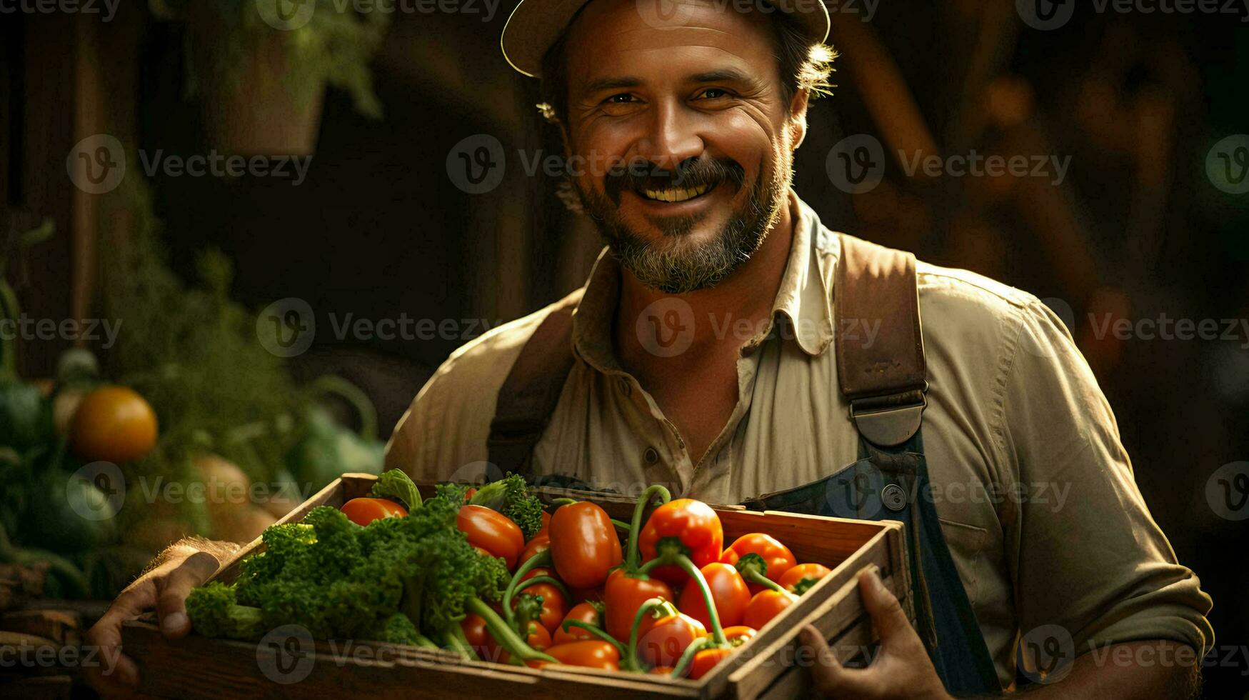 A male farmer holds a box of fresh farm vegetables in his hands photo