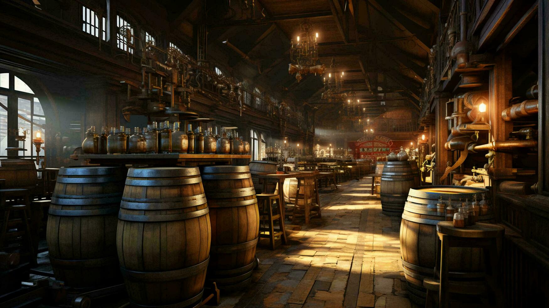 Wooden oak barrels with beer and wine in a wine cellar photo