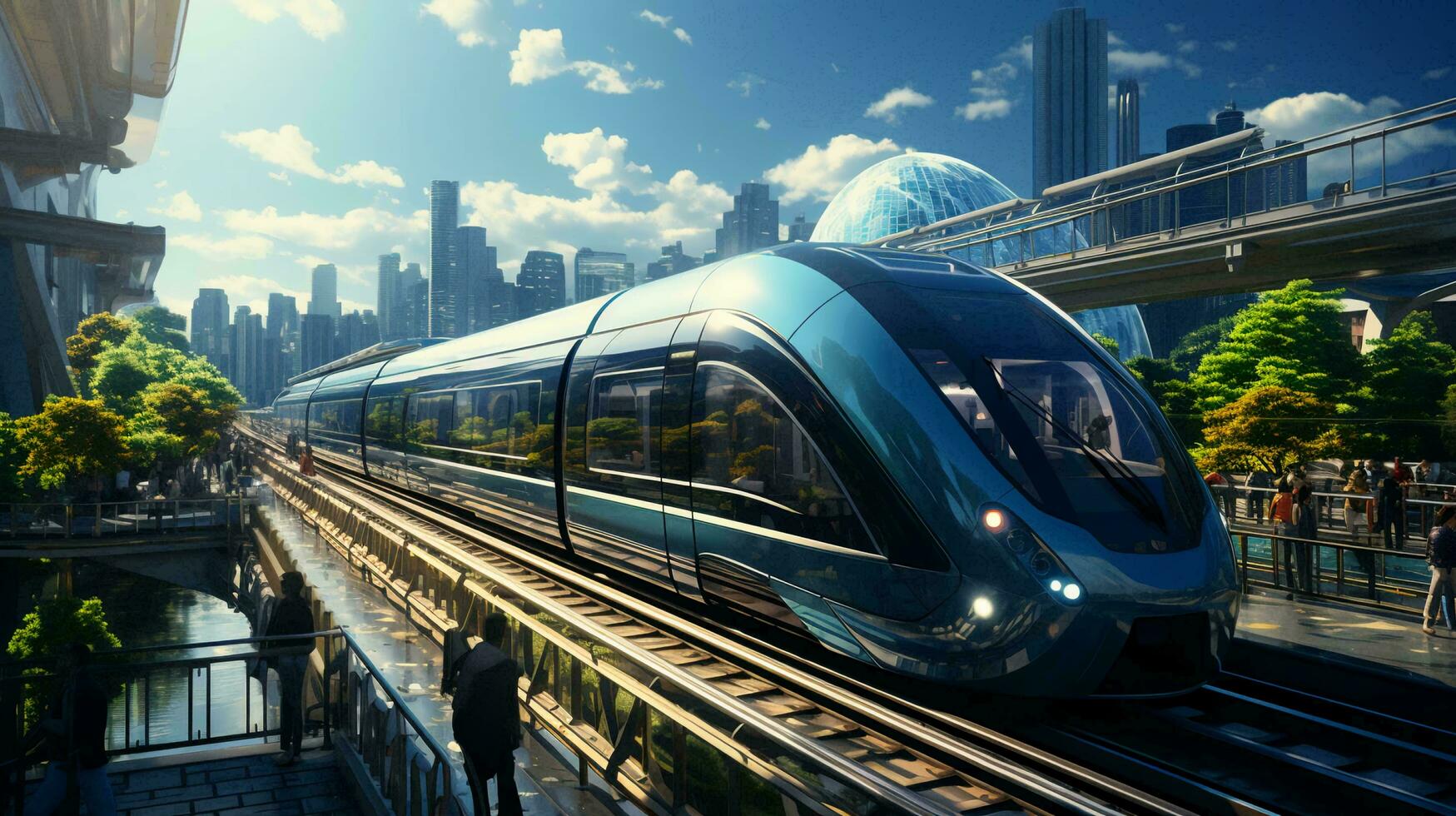 High-speed train on the background of a futuristic city photo