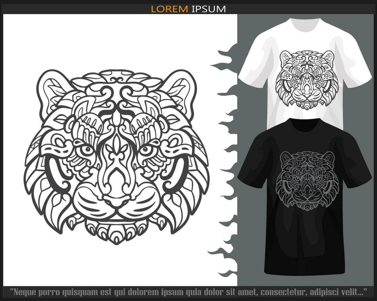 Tigre cabeza mandala letras aislado en negro y blanco t camisa. vector