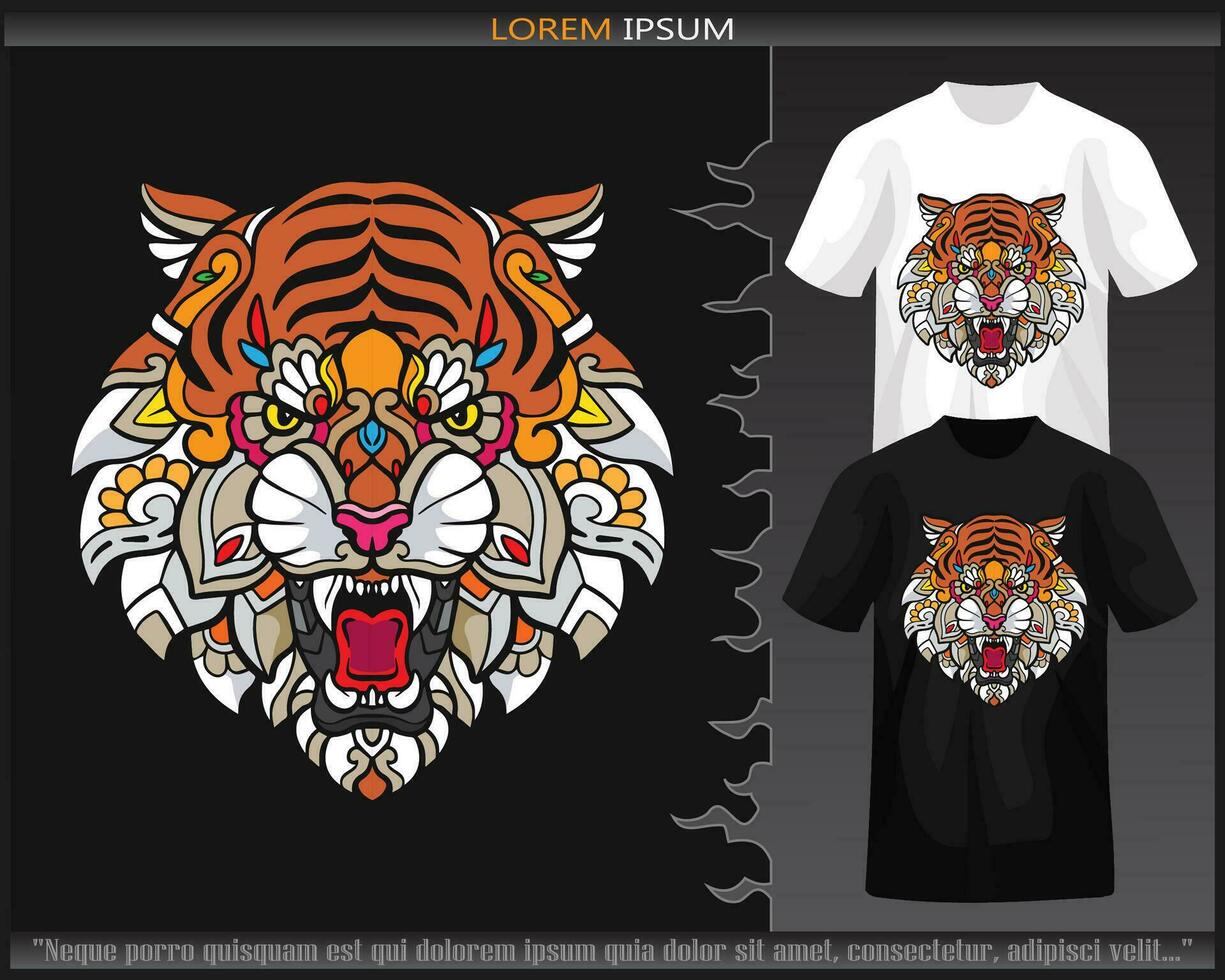 Colorful Tiger head mandala arts isolated on black and white t shirt. vector