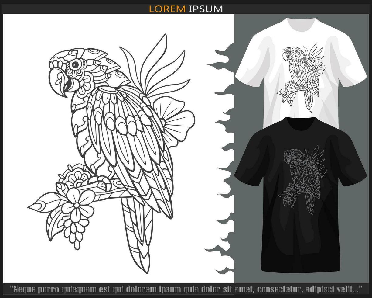 Macaw bird mandala arts isolated on black and white t shirt. vector