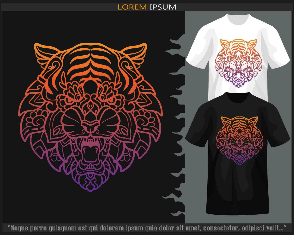 Gradient Colorful Tiger head mandala arts isolated on black and white t shirt. vector