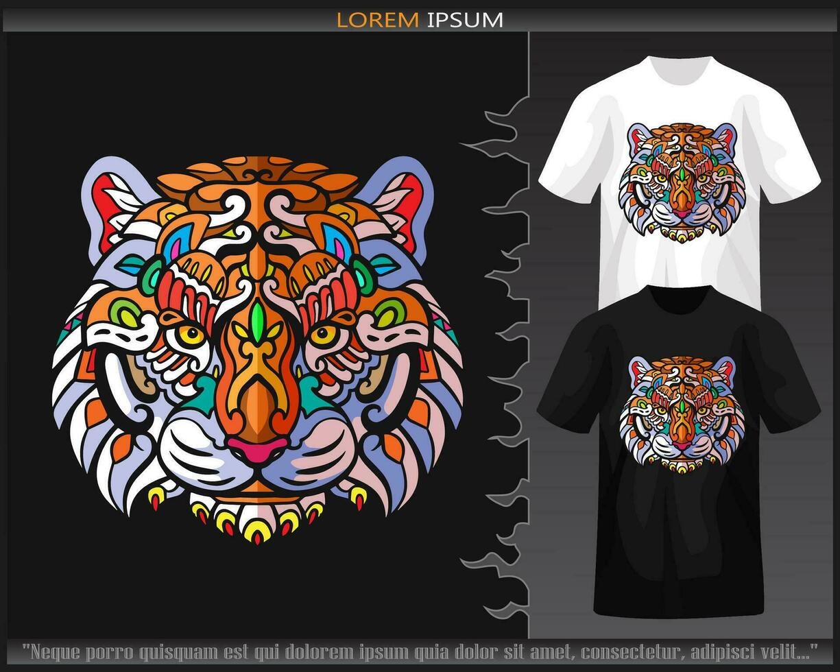 Colorful Tiger head mandala arts isolated on black and white t shirt. vector