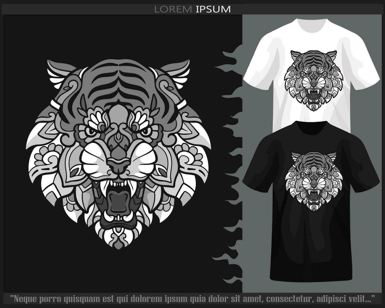 monocromo Tigre cabeza mandala letras aislado en negro y blanco t camisa. vector